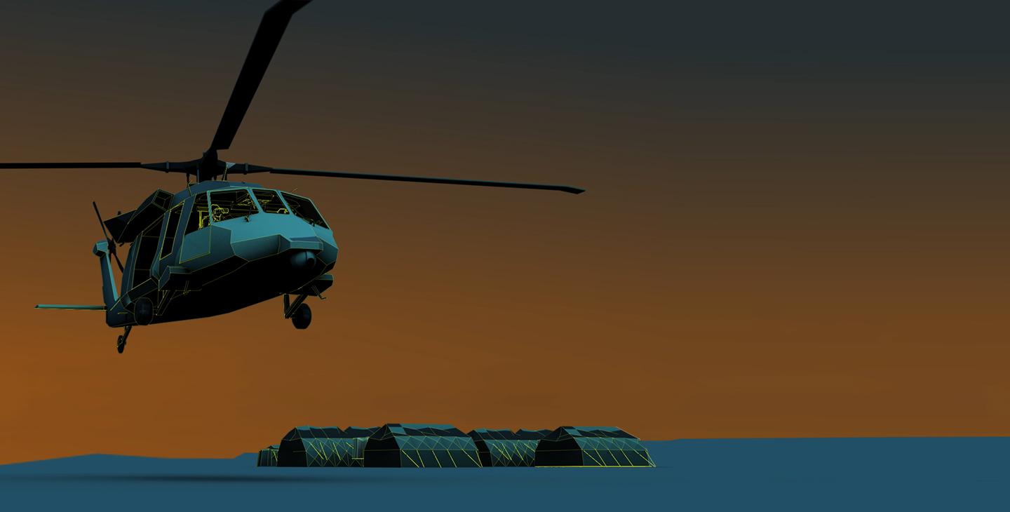 Digitized graphic of a UH-60 flying over military tents