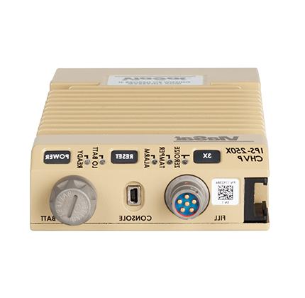 ips - 250 x的俯视图，带有状态灯, 复位和电源按钮, 连接器端口和电池舱