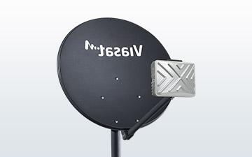 Product image of a dark grey satellite dish and TRIA with a white Viasat logo